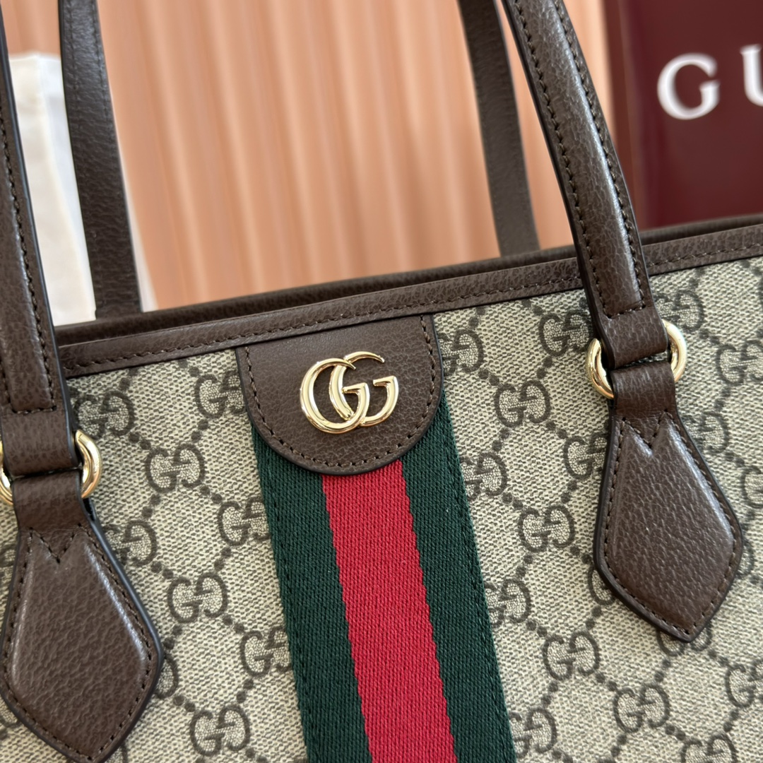 Gucci Ophidia GG Supreme beige ebony with brown leather and green-red-green stripe tote everyday