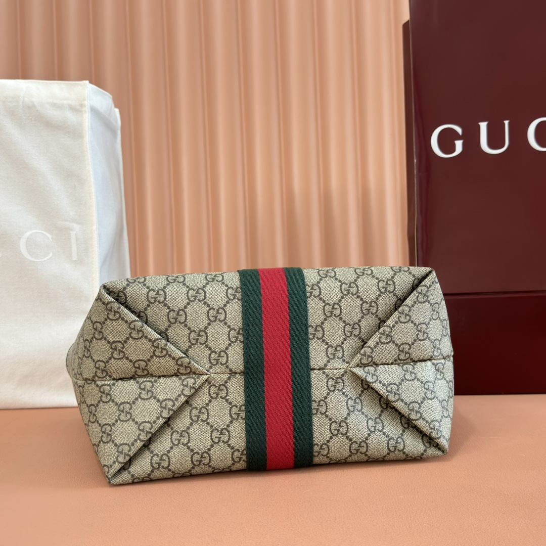 Gucci Ophidia GG Supreme beige ebony with brown leather and green-red-green stripe tote everyday
