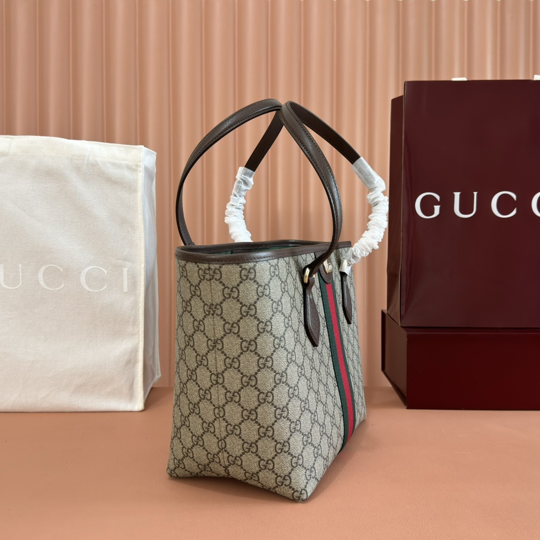 Gucci Ophidia GG Supreme beige ebony with brown leather and green-red-green stripe tote everyday