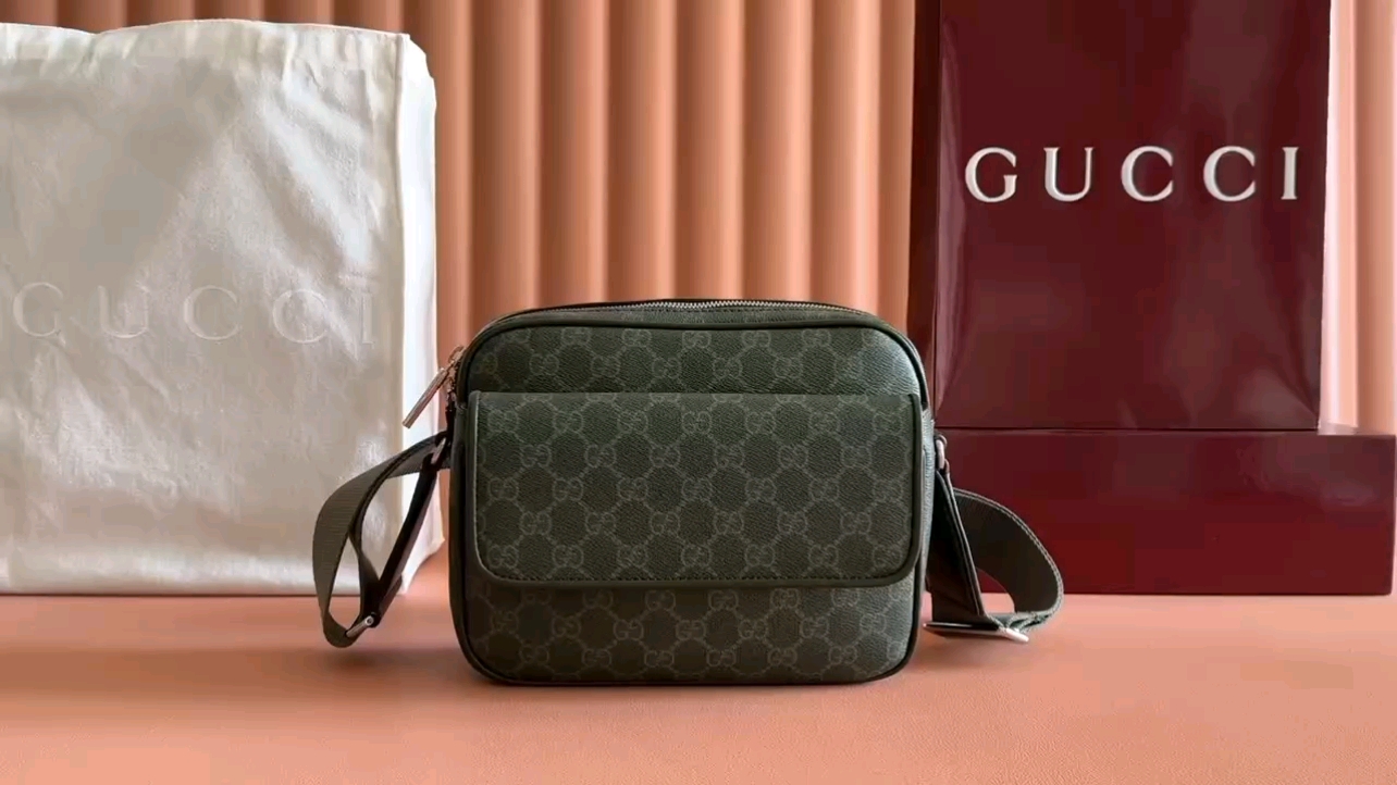 Gucci Small Messenger Bag in Green GG Coated Fabric with Leather Trim