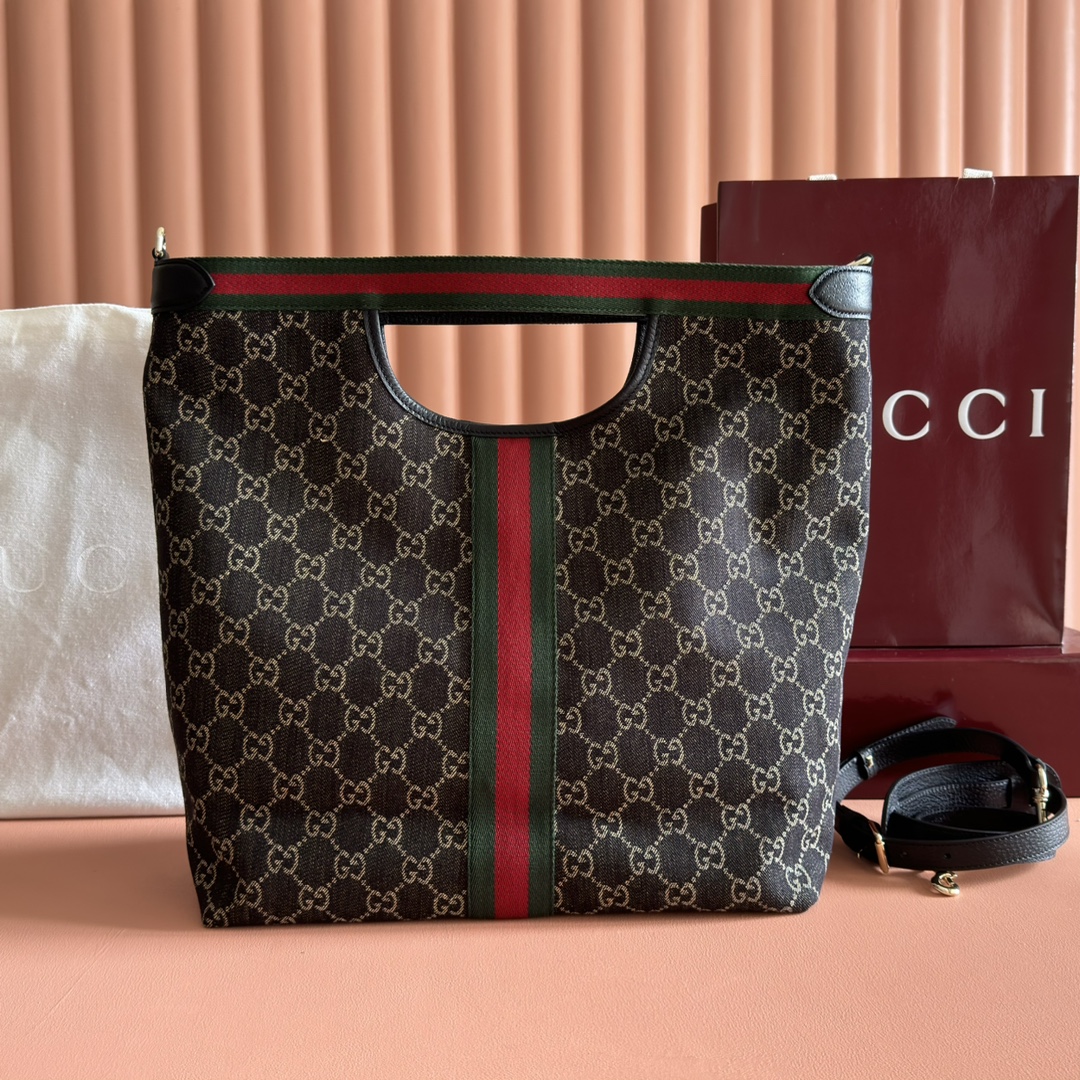 Gucci Giglio GG Supreme brown with green-red-green stripe tote everyday
