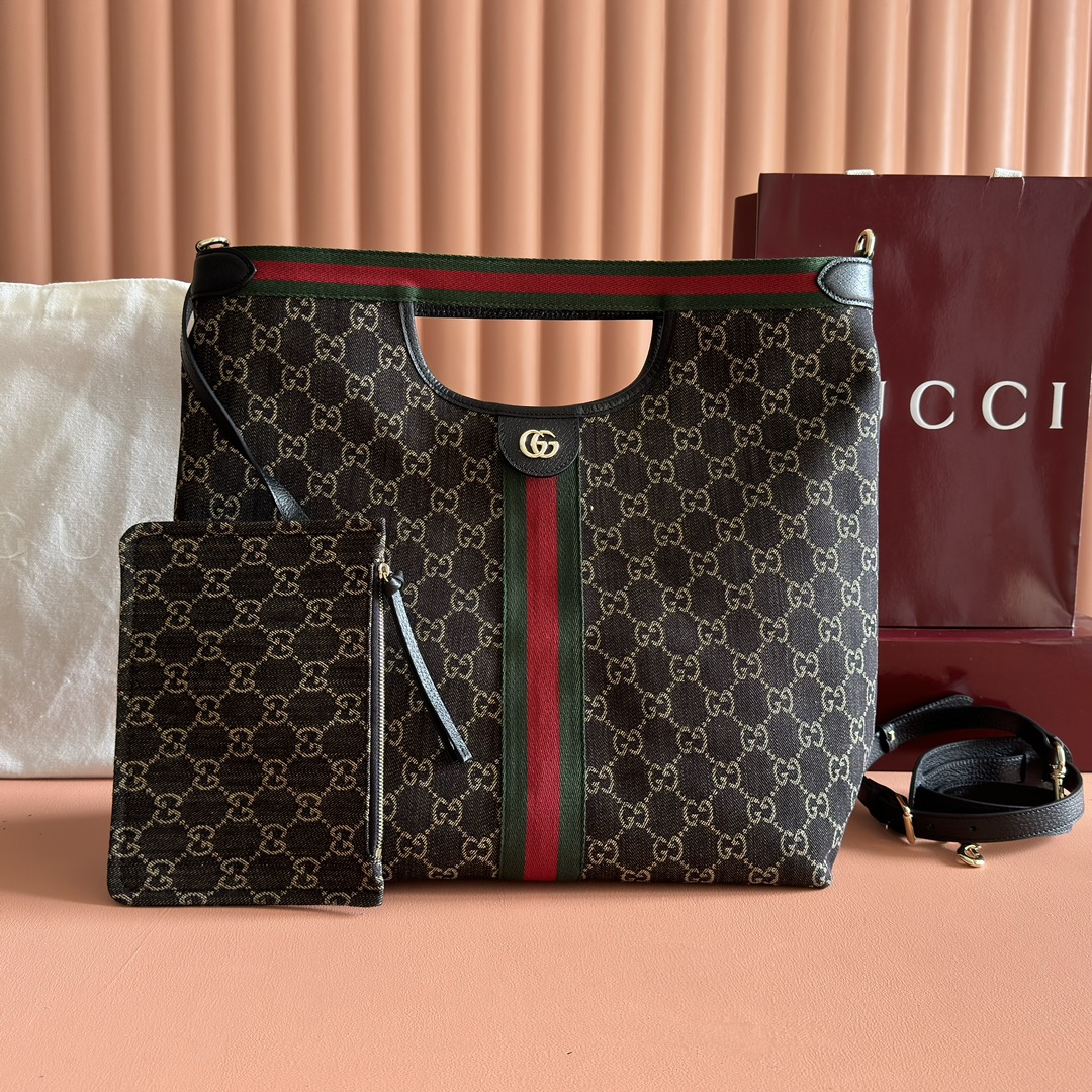 Gucci Giglio GG Supreme brown with green-red-green stripe tote everyday