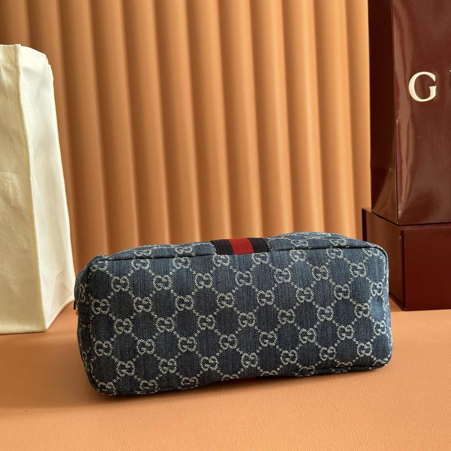 Gucci Blue GG denim with Web stripe shoulder everyday