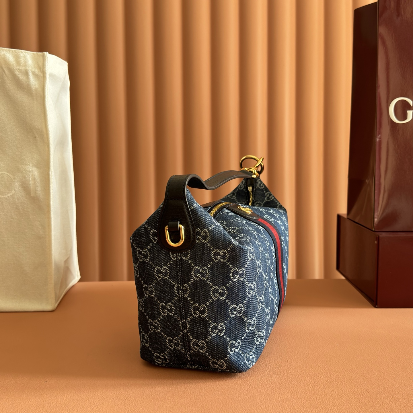 Gucci Blue GG denim with Web stripe shoulder everyday