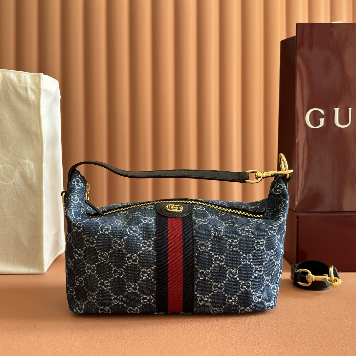 Gucci Blue GG denim with Web stripe shoulder everyday