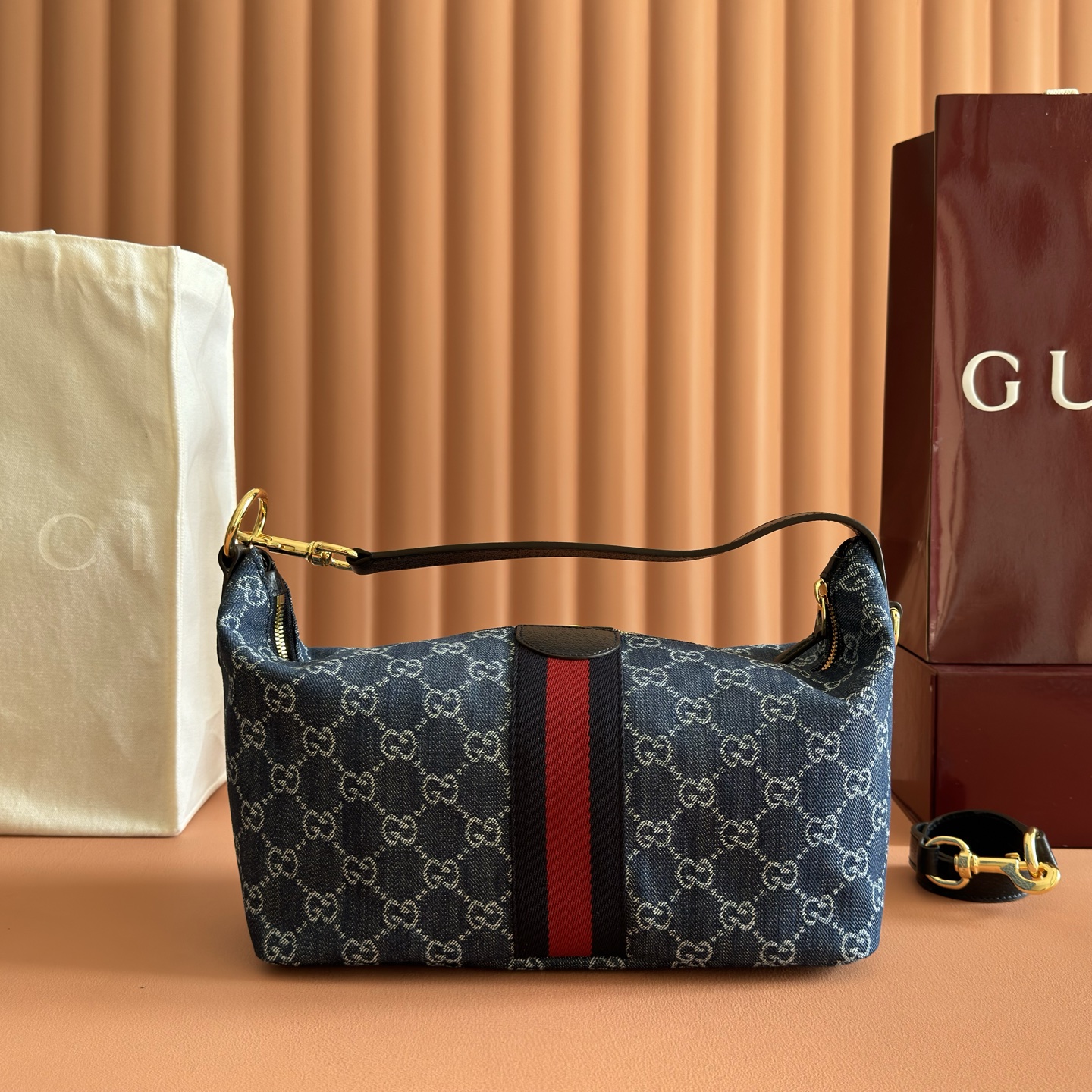 Gucci Blue GG denim with Web stripe shoulder everyday