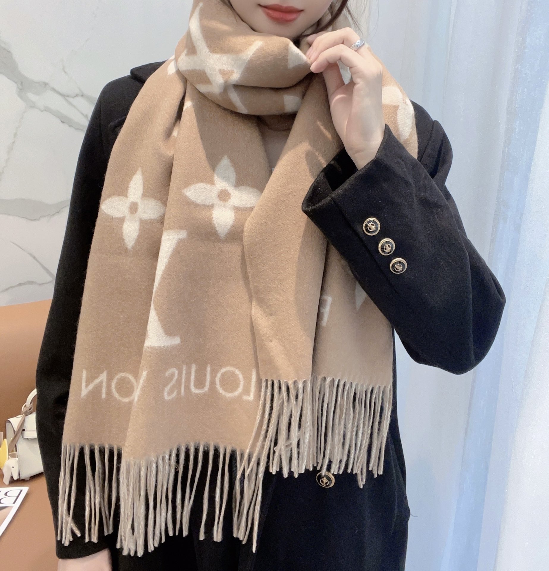 Louis Vuitton Inspired Cashmere Scarf with Monogram - Beige, 45 x 190 cm