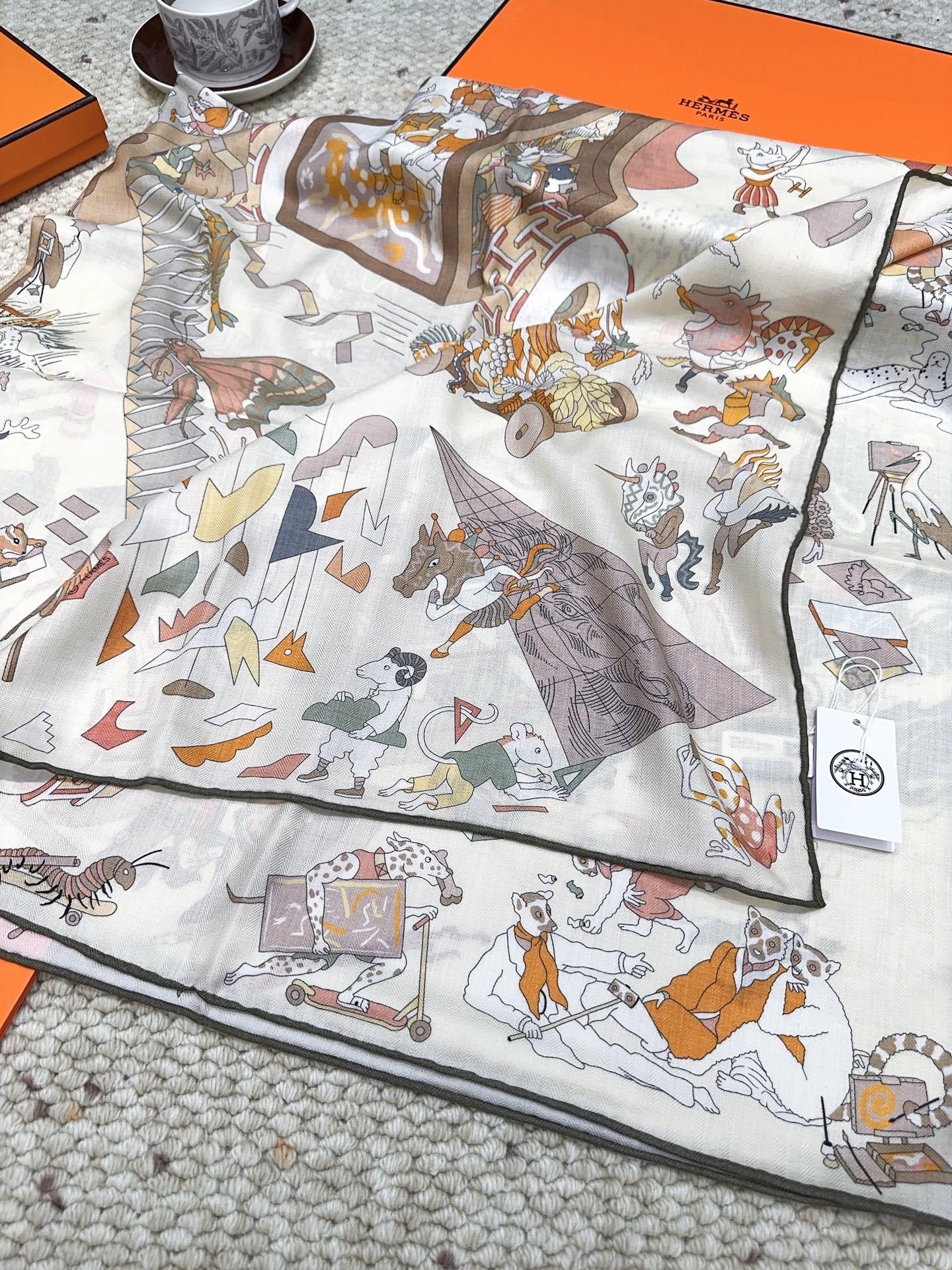 爱马仕(Hermes)2025年秋冬抢先 上新💞【双面同色丝毛方巾】手工卷边山羊绒和真丝混纺披肩(70%