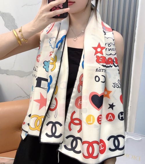 Elegant Chanel Inspired Large Silk Scarf - Classic Camellia & Coco Design 1 Elegant Chanel Inspired Large Silk Scarf - Classic Camellia & Coco Design
