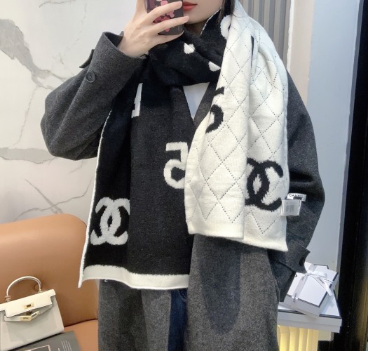 Elegant Chanel Wool-Cashmere Blend Scarf - Stylish Embroidered Design 1 Elegant Chanel Wool-Cashmere Blend Scarf - Stylish Embroidered Design