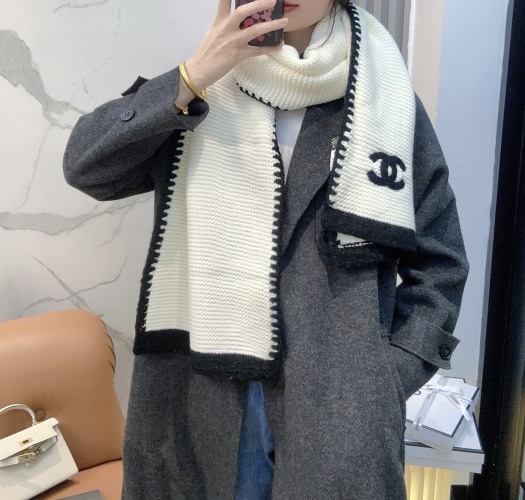 Chanel Wool & Cashmere Blend Knit Scarf with Embroidered Logo, 180 x 30 cm 1 Chanel Wool & Cashmere Blend Knit Scarf with Embroidered Logo, 180 x 30 cm