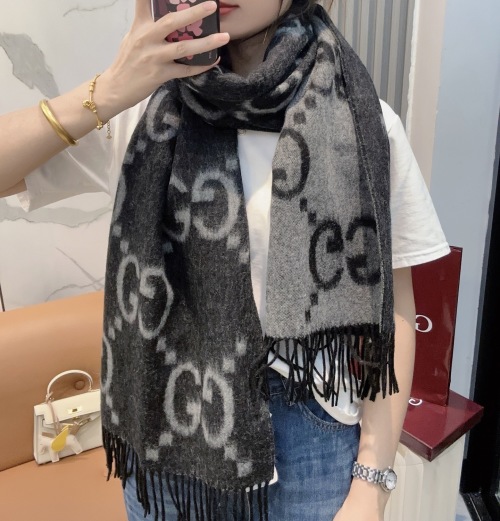 Gucci Wool Scarf, Gray, GG Pattern, 45*200cm 1 Gucci Wool Scarf, Gray, GG Pattern, 45*200cm