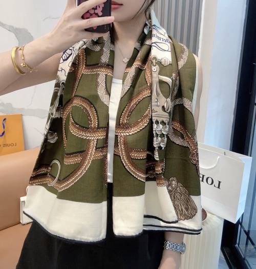Hermès 140cm Olive Green Silk Cashmere Scarf with Equestrian Design 1 Hermès 140cm Olive Green Silk Cashmere Scarf with Equestrian Design