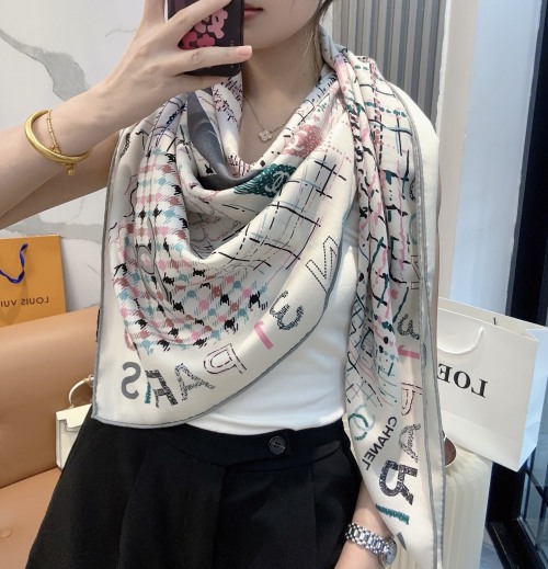 Elegant Chanel Inspired Silk Scarf, Classic Camellia Coco Style - 140x140cm 1 Elegant Chanel Inspired Silk Scarf, Classic Camellia Coco Style - 140x140cm
