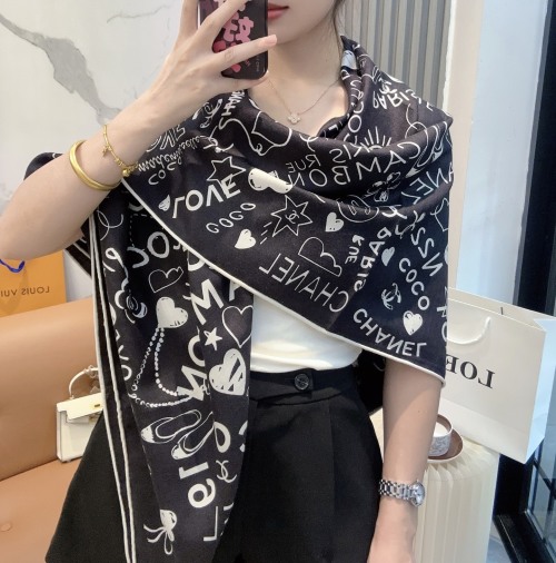 Chanel Black & White Silk Scarf with Coco Print - 140*140cm 1 Chanel Black & White Silk Scarf with Coco Print - 140*140cm