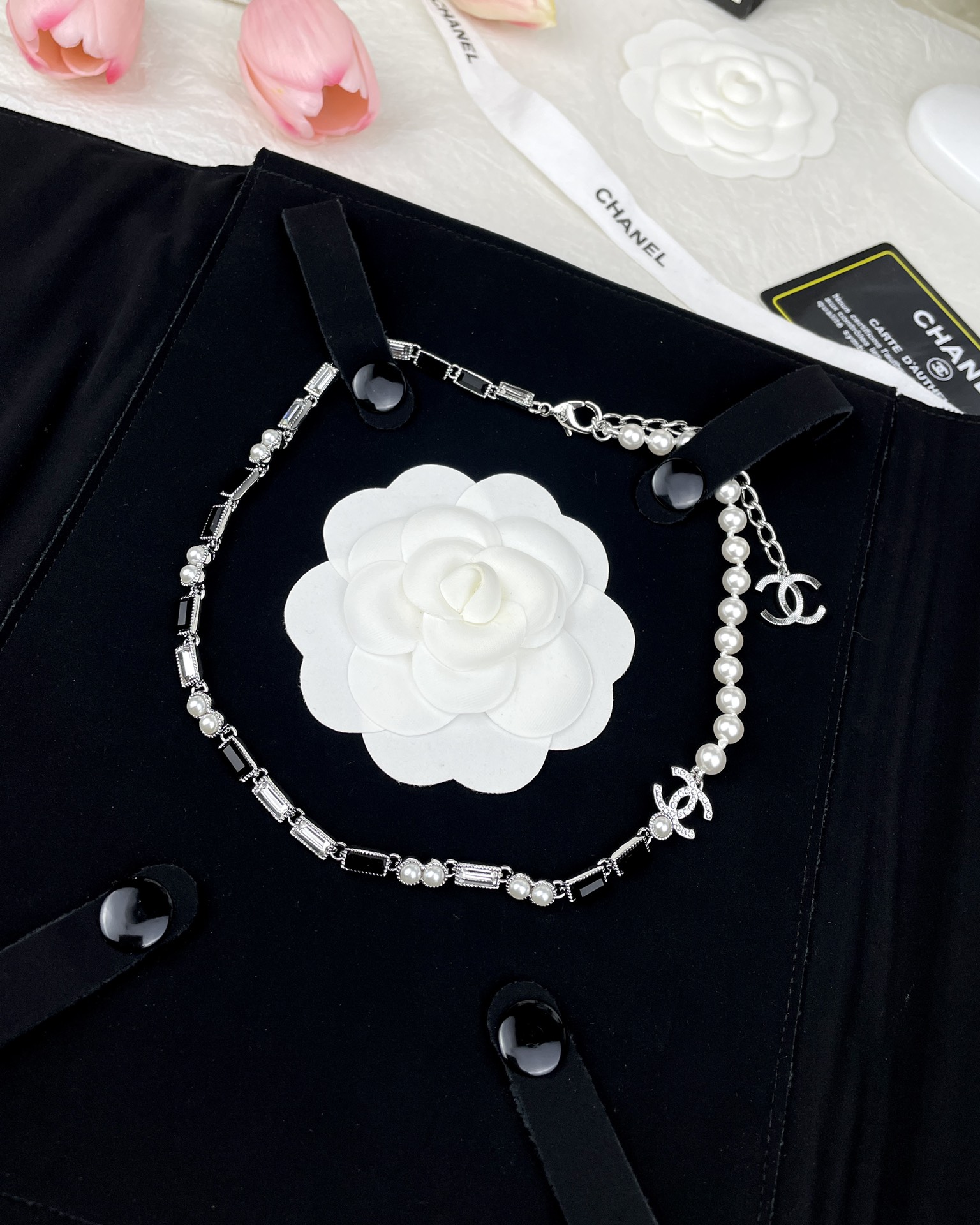 NO:104103,Xiaoxiang 23k black diamond color-blocking double c pearl choker necklace, Chanel necklace, chanel, necklace19860909小香23k 黑钻 拼色双c珍珠choker 项链,香奈儿项链,chanel,necklace,Jewelry