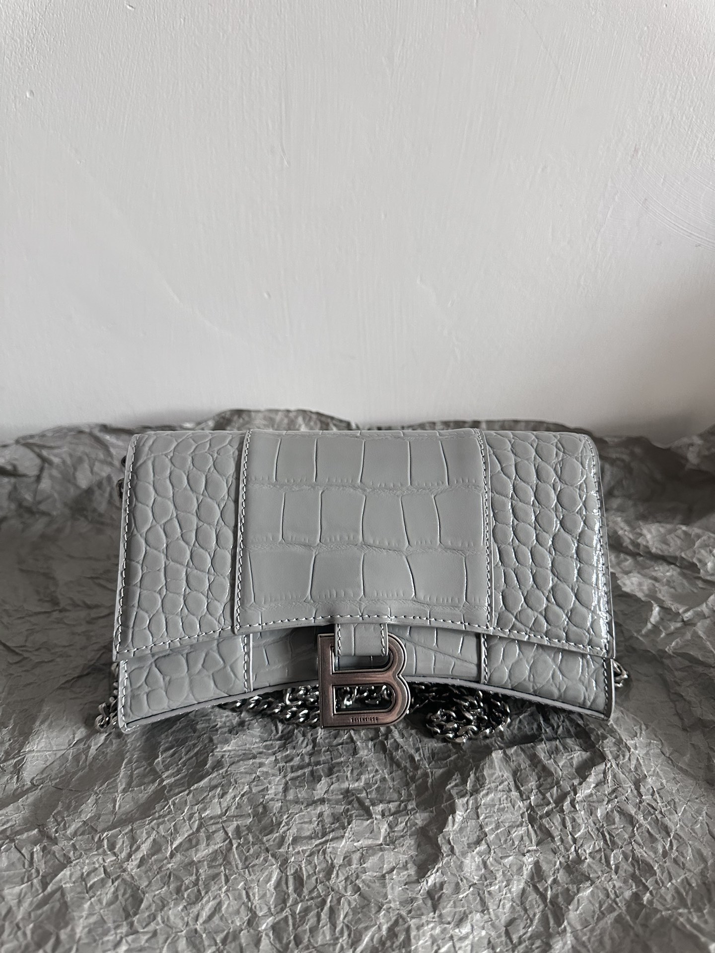 Balenciaga Hourglass 沙漏 鳄鱼压纹 链条包 WOC 灰色