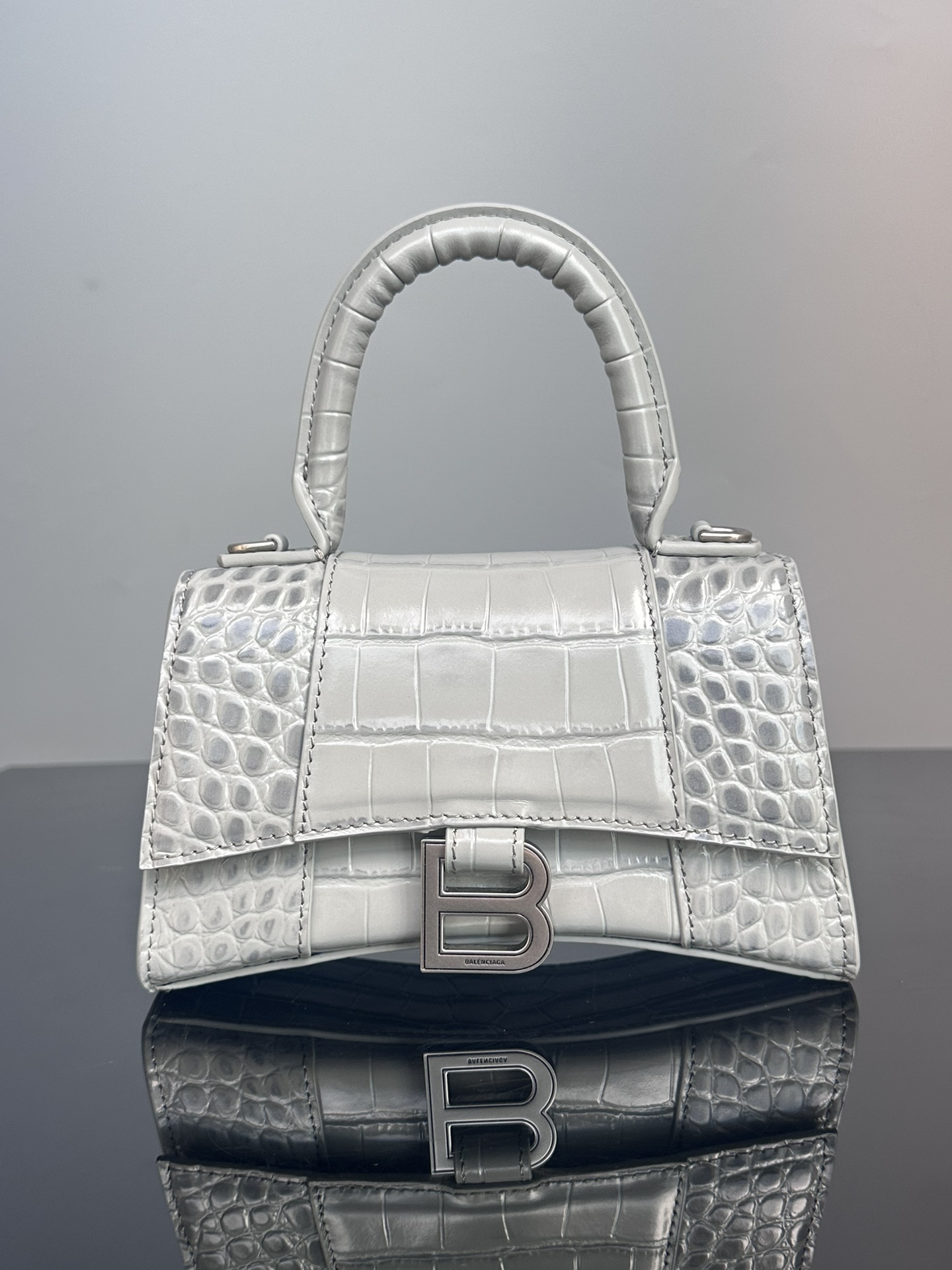 Hourglass bag crocodile-embossed calfskin B buckle top handle crossbody