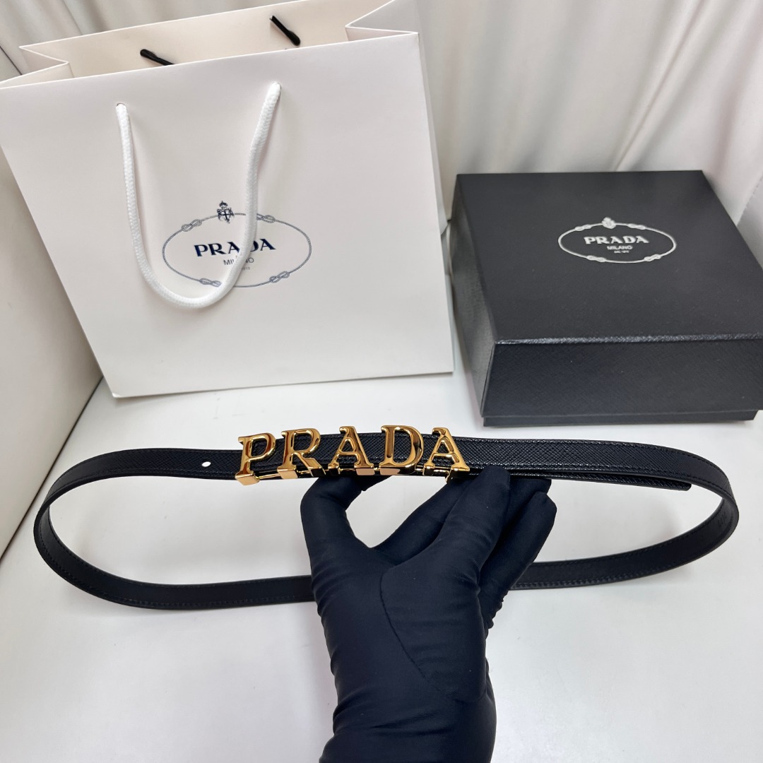 Prada Saffron Leather Belt with Gold Logo Buckle - Stylish & Elegant
