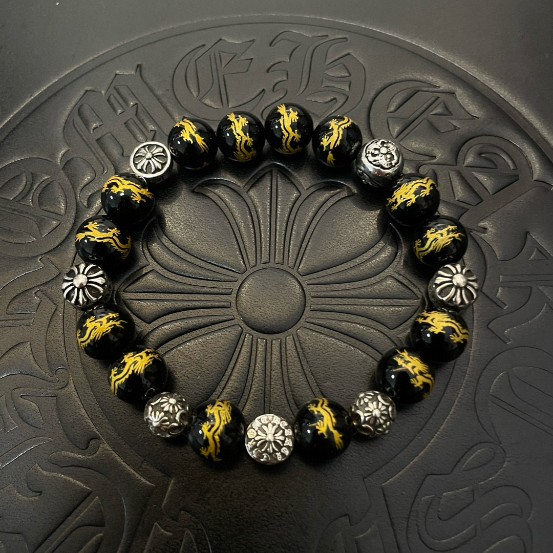  新款【专柜品质】Chrome Hearts克罗心 经典复古多元素龙纹黑昭曜石手链手串，凹凸造型不同的花