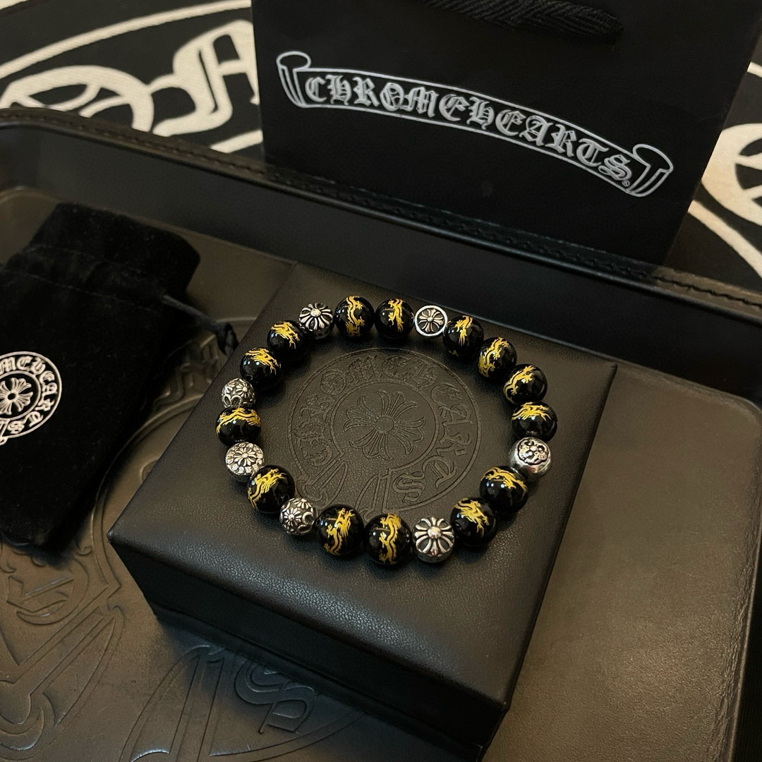  新款【专柜品质】Chrome Hearts克罗心 经典复古多元素龙纹黑昭曜石手链手串，凹凸造型不同的花