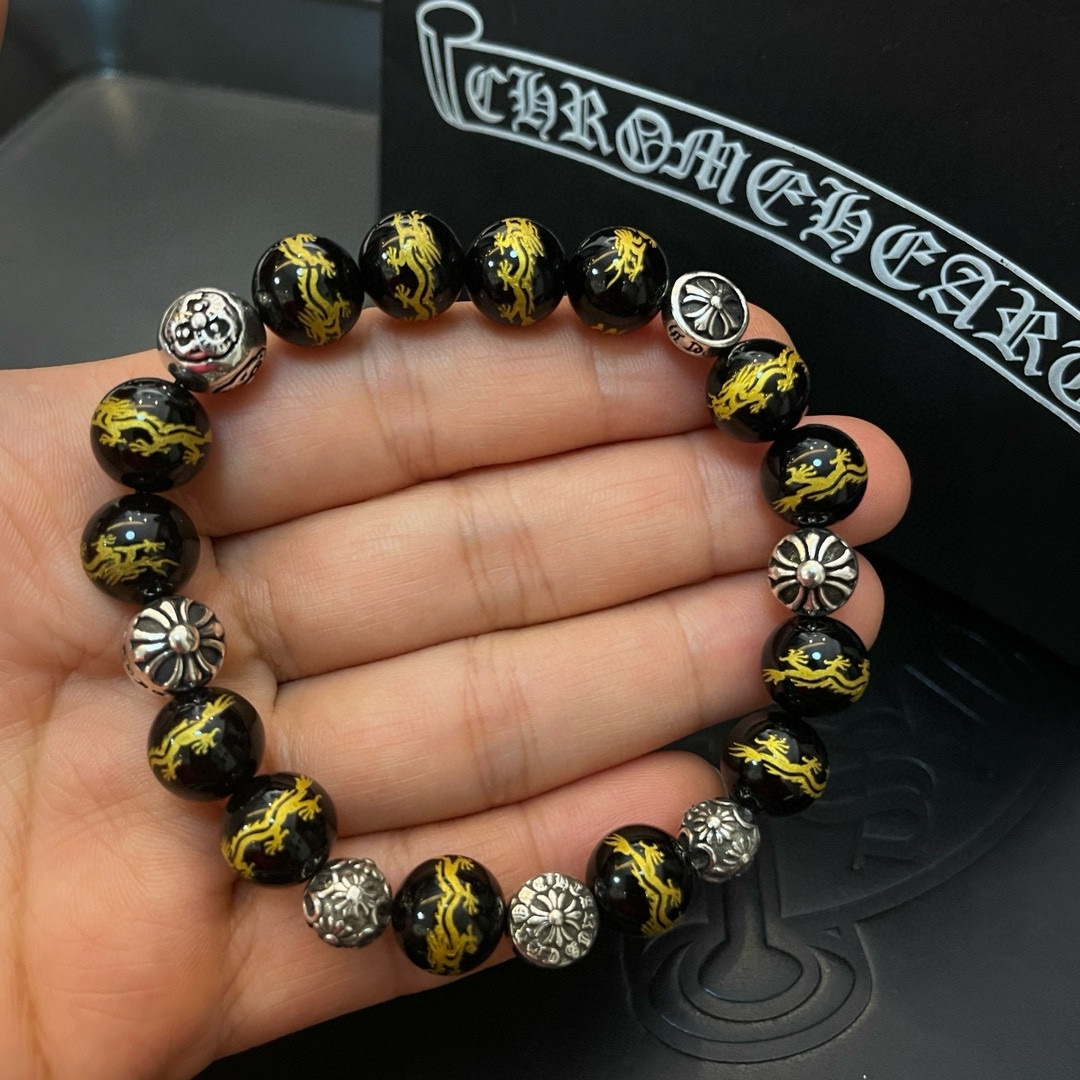  新款【专柜品质】Chrome Hearts克罗心 经典复古多元素龙纹黑昭曜石手链手串，凹凸造型不同的花
