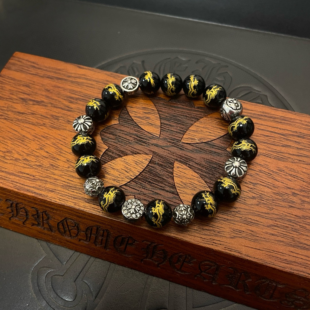  新款【专柜品质】Chrome Hearts克罗心 经典复古多元素龙纹黑昭曜石手链手串，凹凸造型不同的花