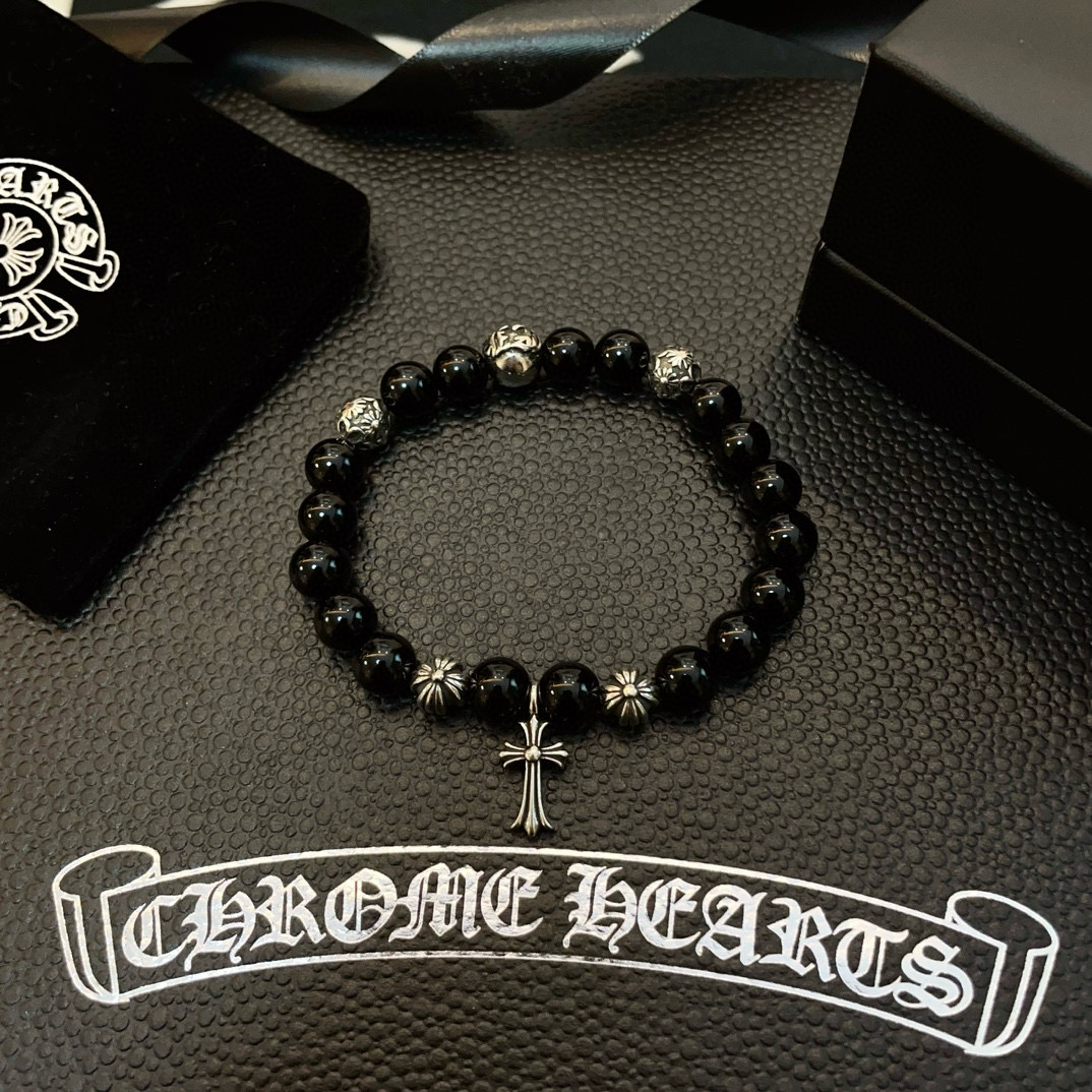  新款【专柜品质】Chrome Hearts克罗心 经典复古多元素黑曜石手串手链，凹凸造型不同的花纹设计