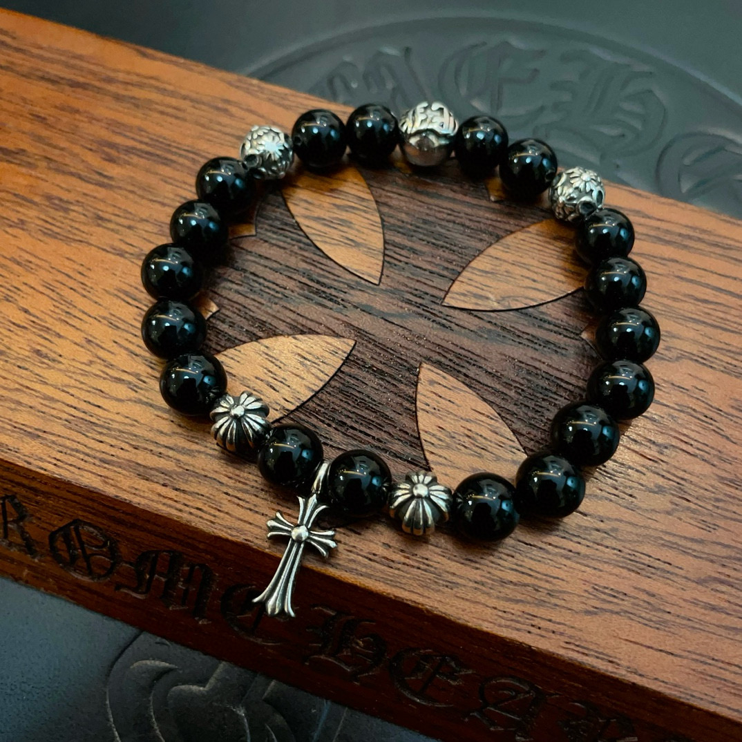  新款【专柜品质】Chrome Hearts克罗心 经典复古多元素黑曜石手串手链，凹凸造型不同的花纹设计