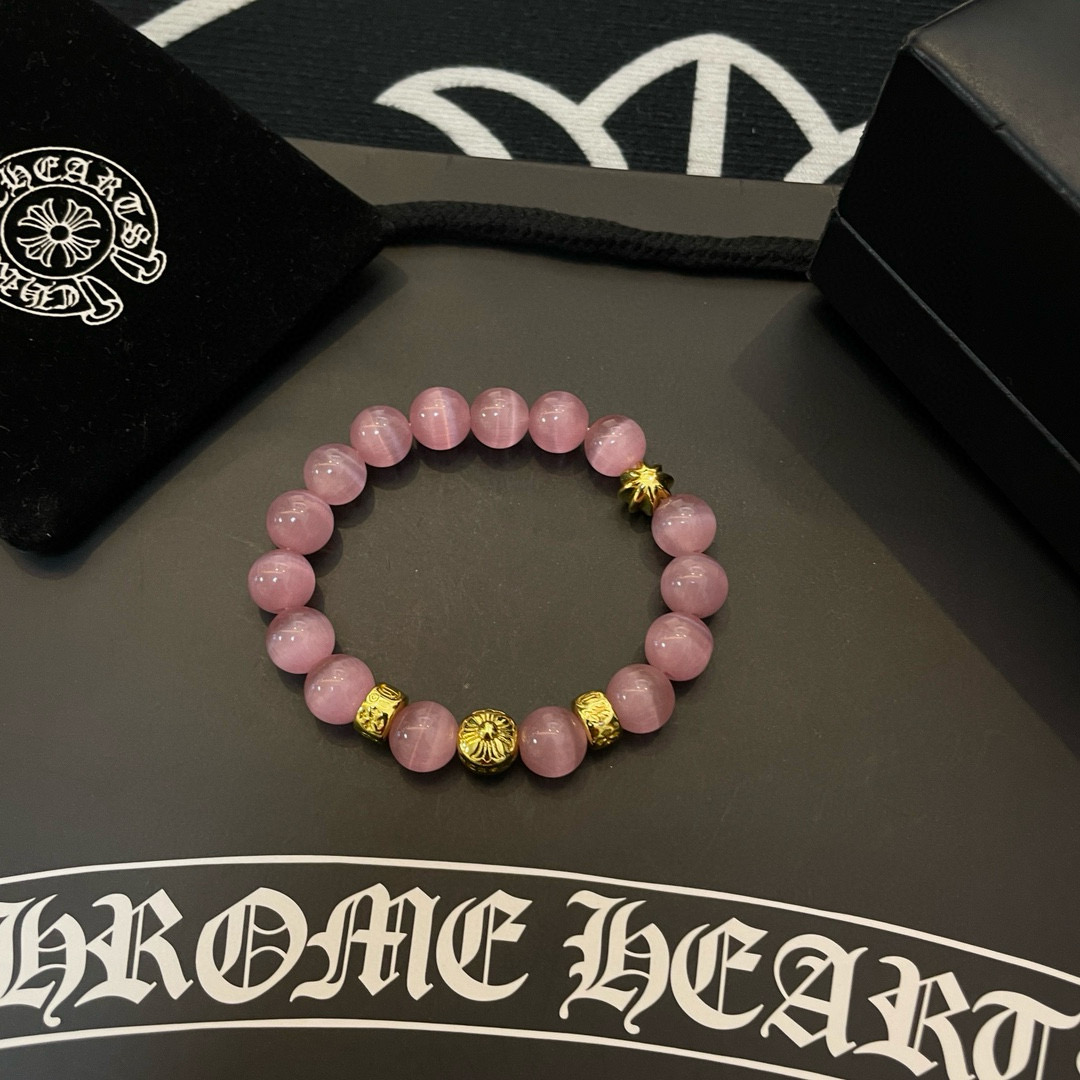  新款【专柜品质】Chrome Hearts克罗心 经典复古多元素粉色猫眼石手链手串，凹凸造型不同的花纹