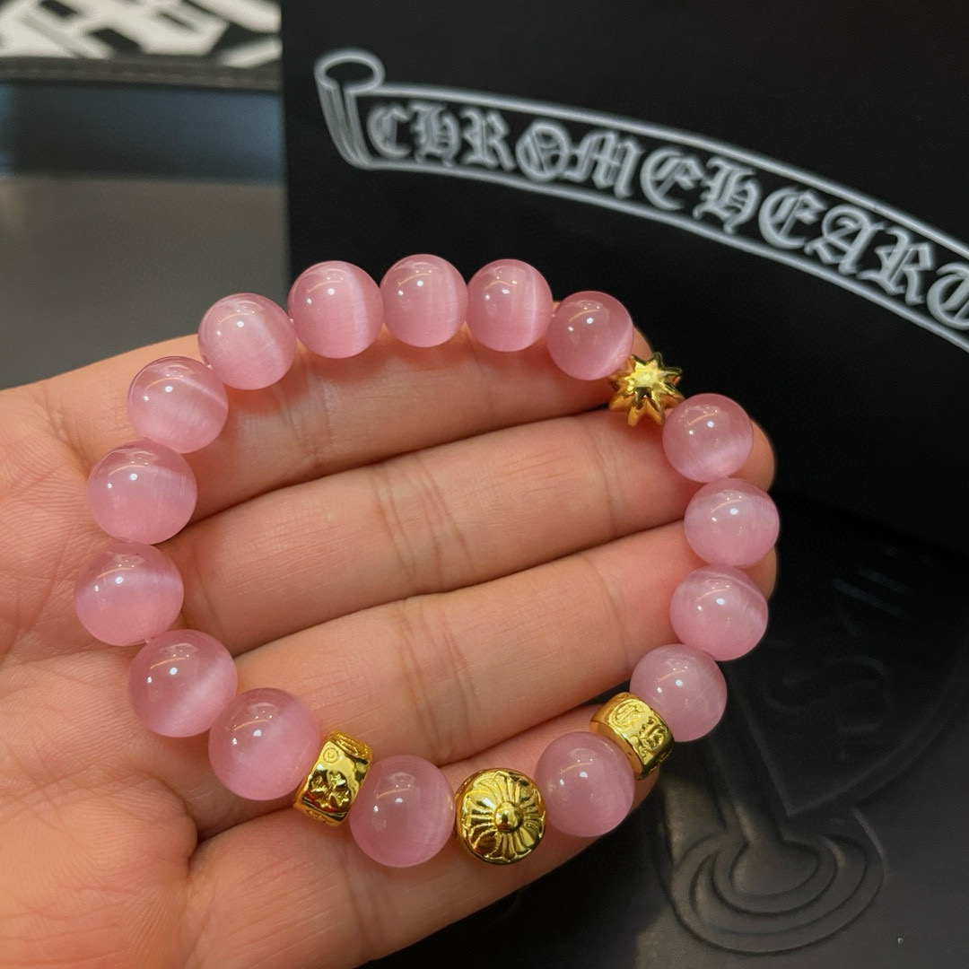  新款【专柜品质】Chrome Hearts克罗心 经典复古多元素粉色猫眼石手链手串，凹凸造型不同的花纹