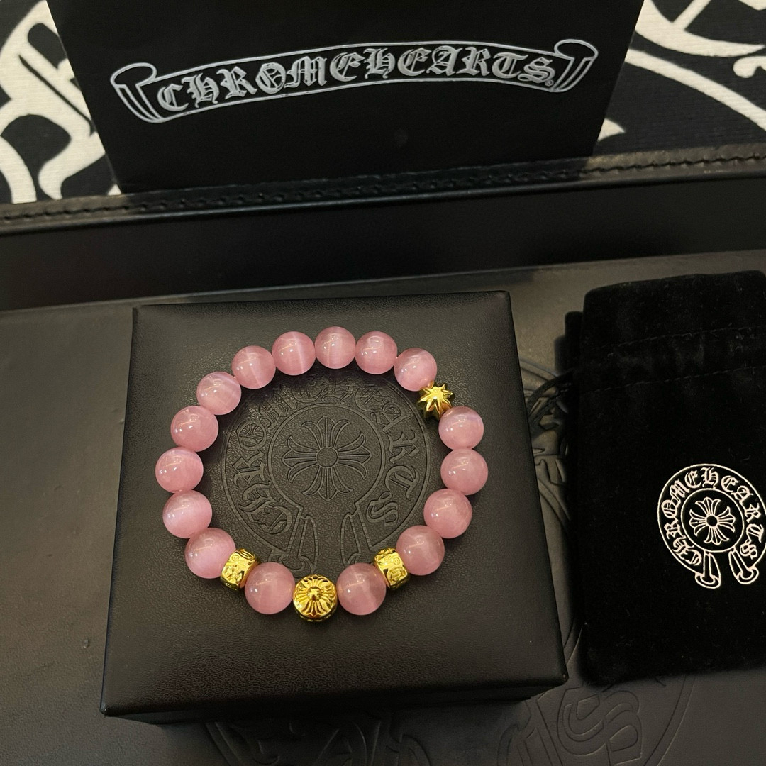  新款【专柜品质】Chrome Hearts克罗心 经典复古多元素粉色猫眼石手链手串，凹凸造型不同的花纹