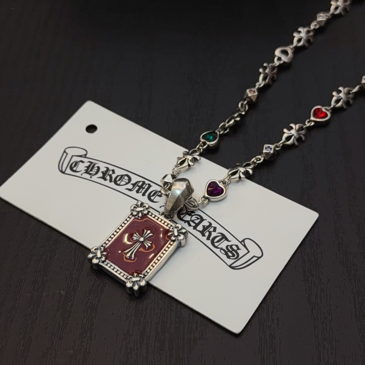   新款【专柜品质】Chrome Hearts克罗心镶彩钻十字架方牌项链，凹凸造型不同的花纹设计风格呈现