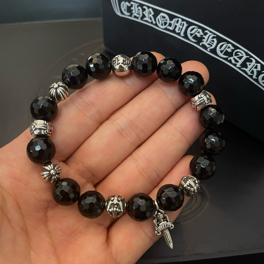  新款【专柜品质】Chrome Hearts克罗心经典复古多元素黑曜石手串手链，凹凸造型不同的花纹设计风