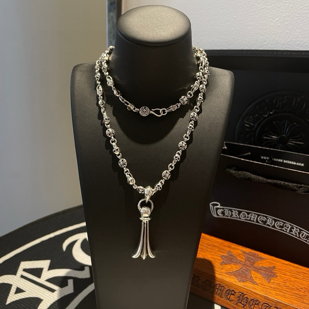  新款【专柜品质】Chrome Hearts克罗心 经典复古多元素骷髅头十字花项链 凤尾吊坠 凹凸造型不
