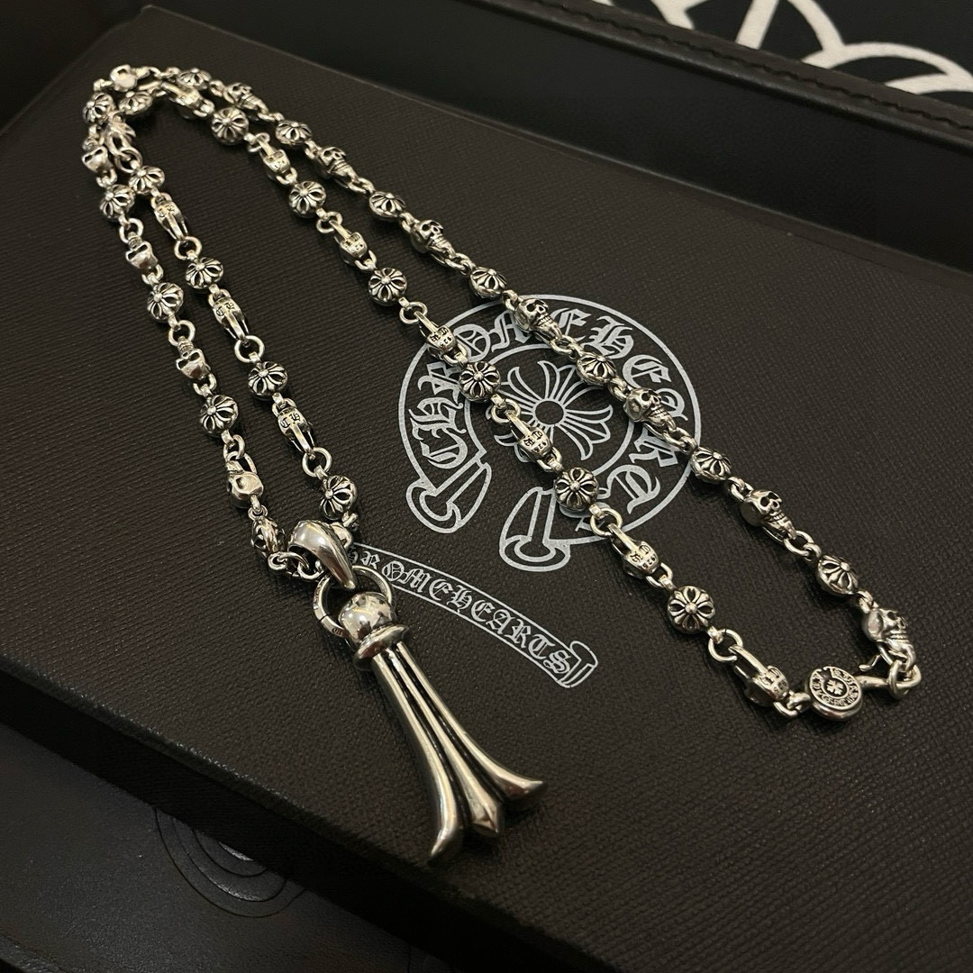  新款【专柜品质】Chrome Hearts克罗心 经典复古多元素骷髅头十字花项链 凤尾吊坠 凹凸造型不