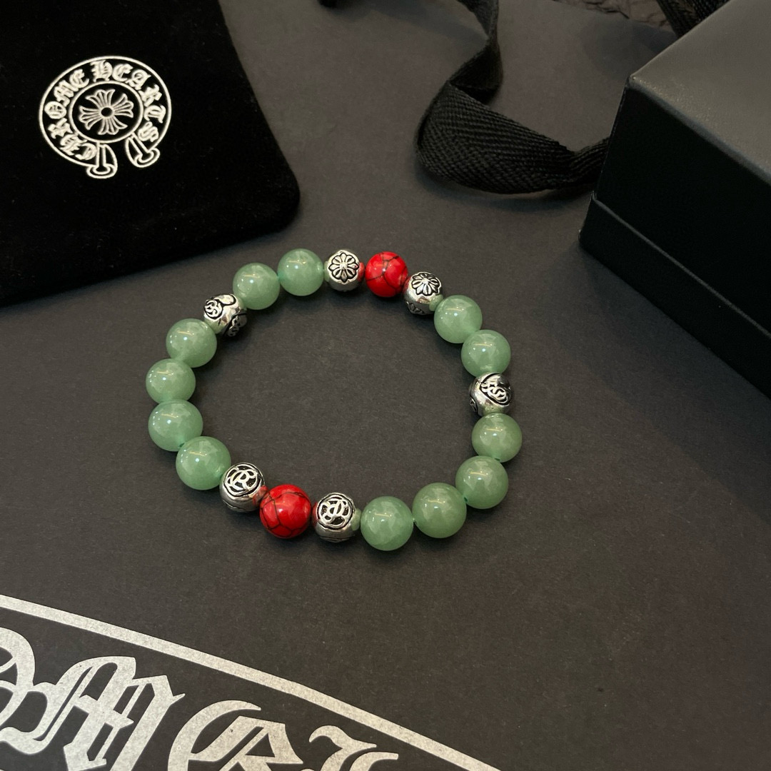  新款【专柜品质】Chrome Hearts克罗心 经典复古多元素绿猫眼手链手串，凹凸造型不同的花纹设计