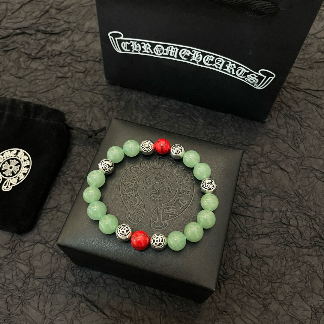  新款【专柜品质】Chrome Hearts克罗心 经典复古多元素绿猫眼手链手串，凹凸造型不同的花纹设计
