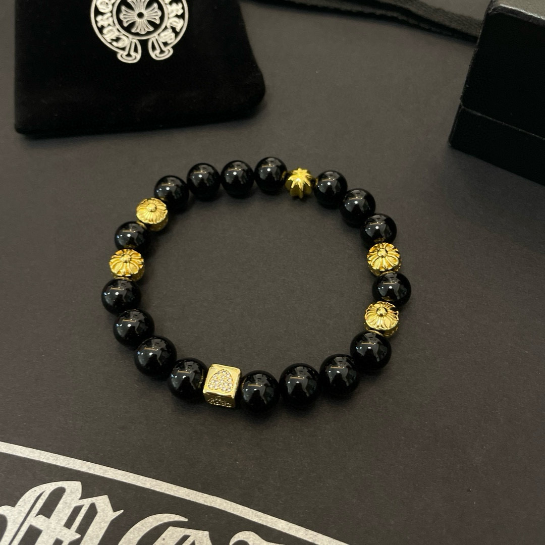  新款【专柜品质】Chrome Hearts克罗心 经典黑玛瑙珠子*复古多元素黄金色手链手串，凹凸造型不
