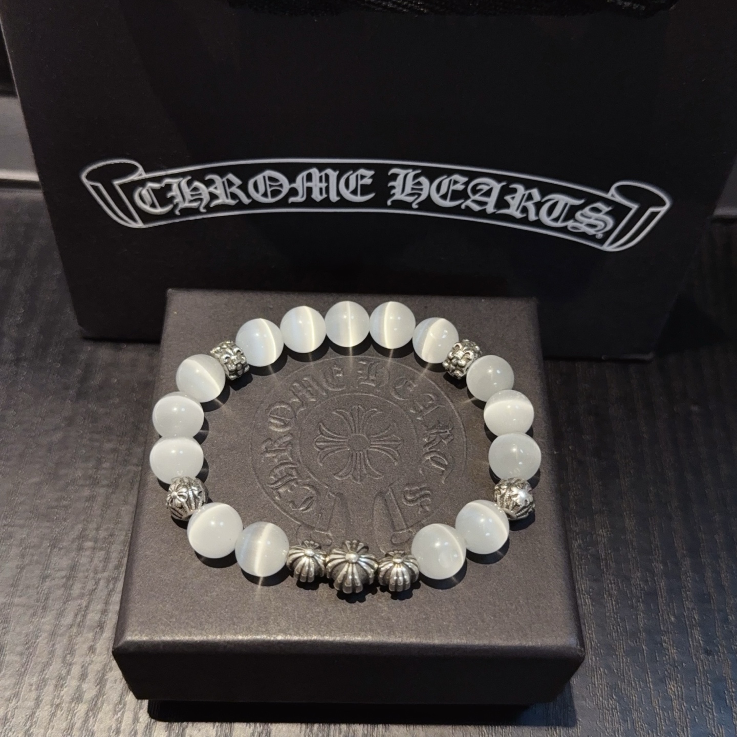 Bracelet Chrome Hearts Classique en Opale Blanche et Argent Sterling