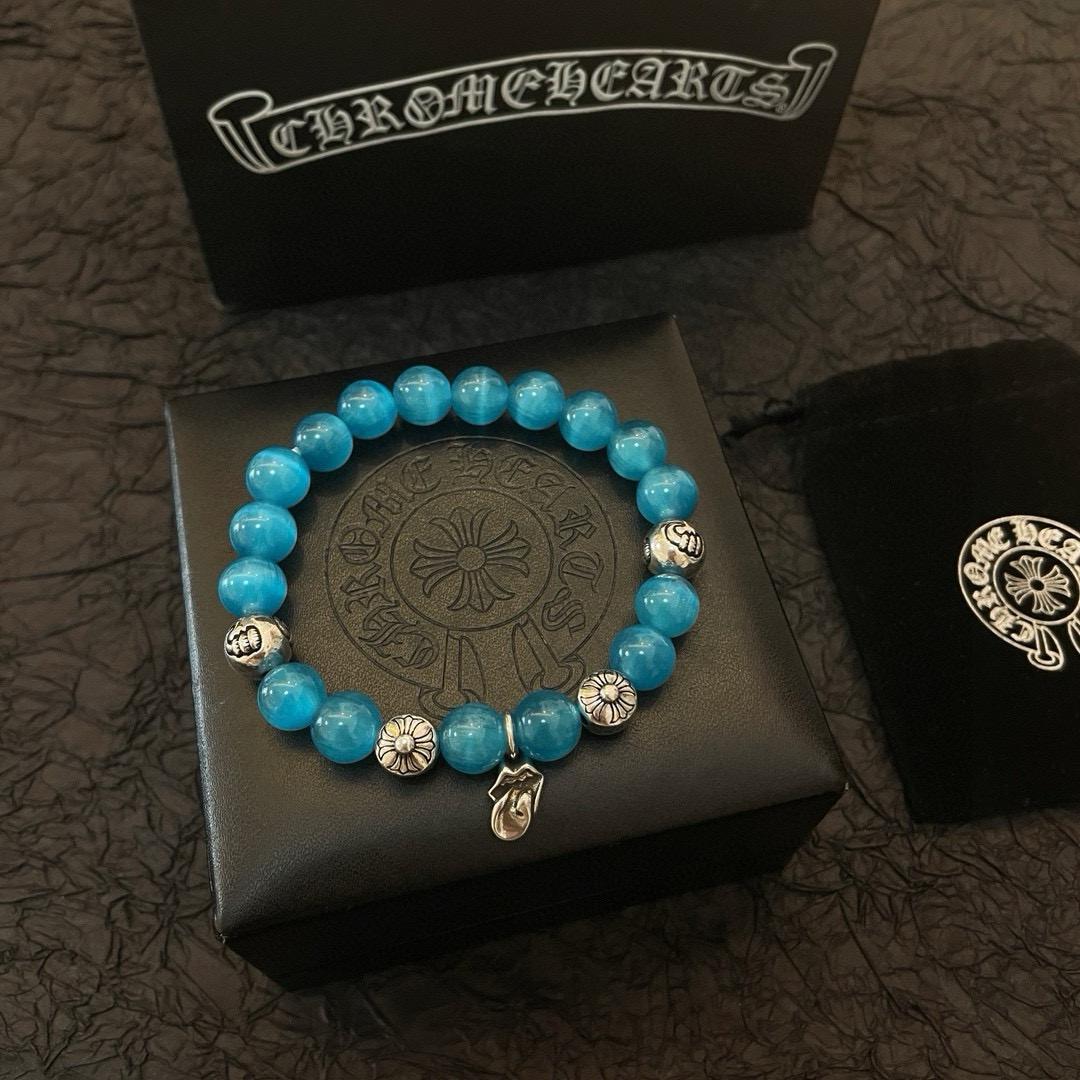 批 新款【专柜品质】Chrome Hearts克罗心 经典复古多元素 蓝色猫眼石手链 手串，凹凸造型不同