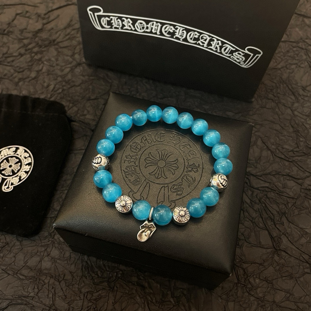 批 新款【专柜品质】Chrome Hearts克罗心 经典复古多元素 蓝色猫眼石手链 手串，凹凸造型不同