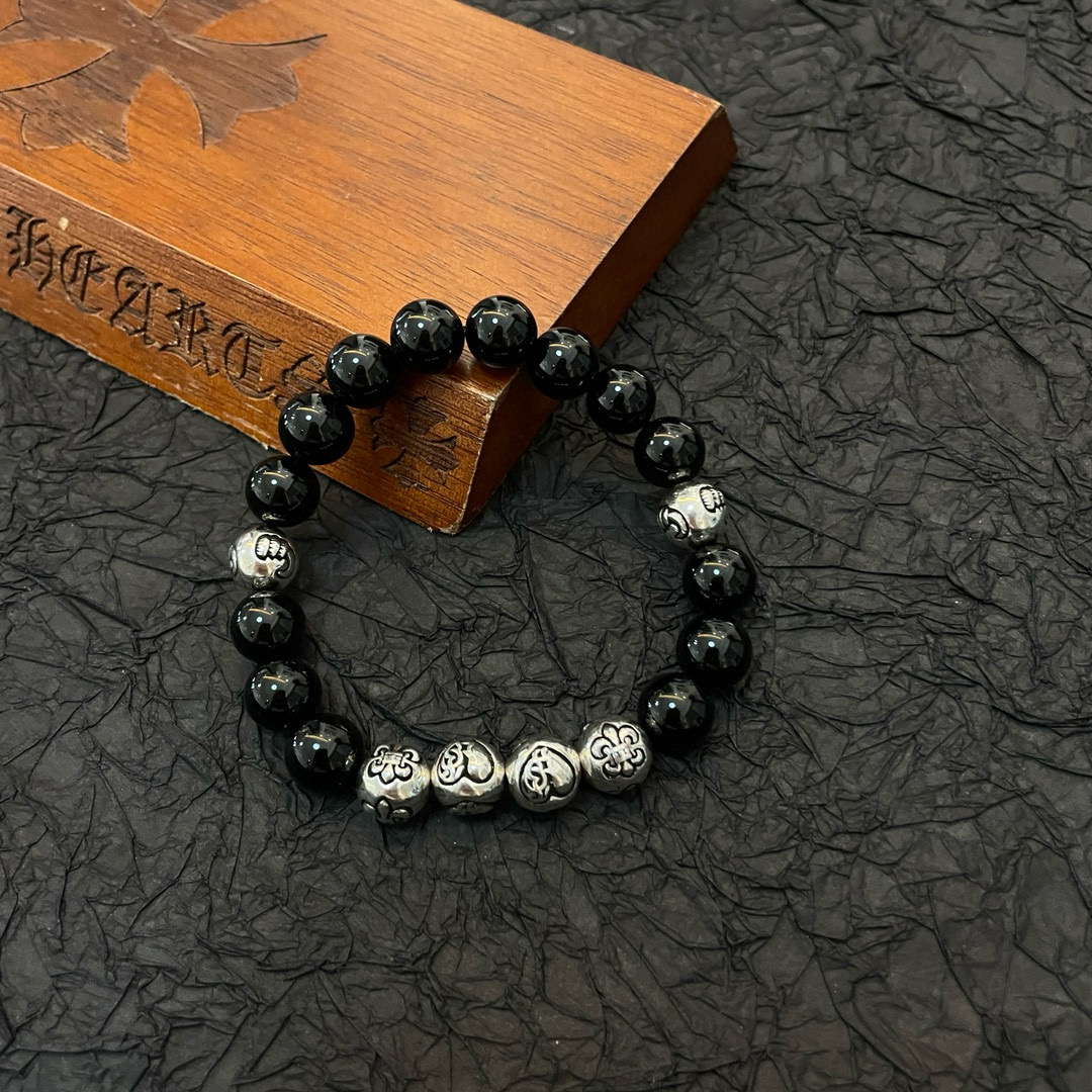  新款【专柜品质】Chrome Hearts克罗心 经典复古多元素 黑玛瑙手链 手串，凹凸造型不同的花纹