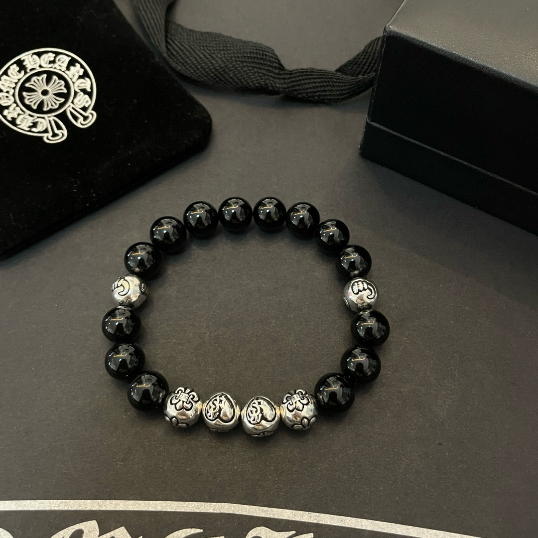  新款【专柜品质】Chrome Hearts克罗心 经典复古多元素 黑玛瑙手链 手串，凹凸造型不同的花纹
