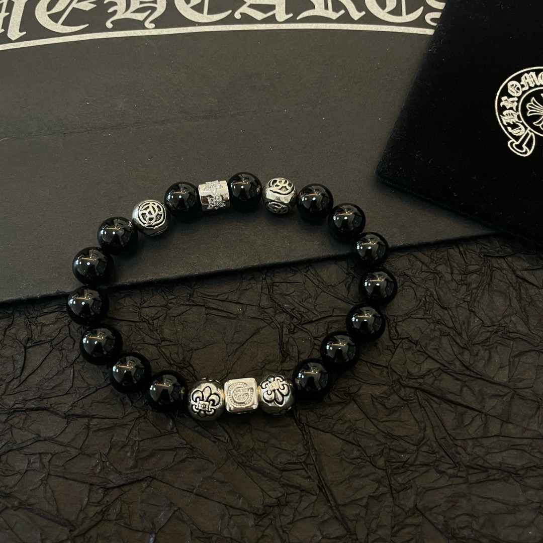  新款【专柜品质】Chrome Hearts克罗心 经典复古多元素黑曜石手链手串，凹凸造型不同的花纹设计