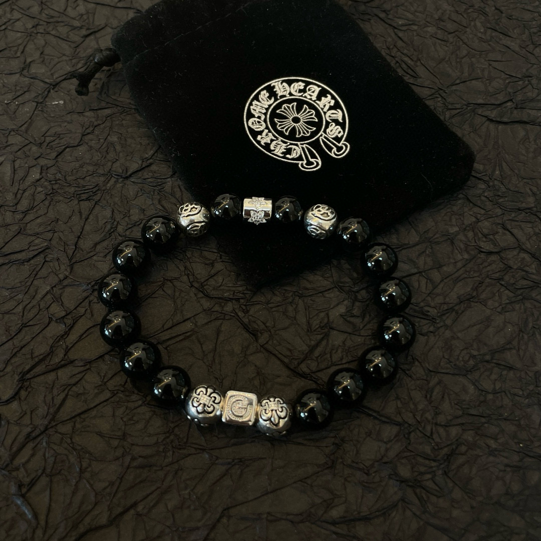  新款【专柜品质】Chrome Hearts克罗心 经典复古多元素黑曜石手链手串，凹凸造型不同的花纹设计
