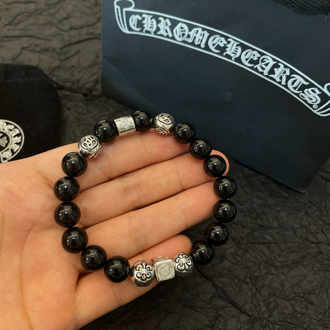  新款【专柜品质】Chrome Hearts克罗心 经典复古多元素黑曜石手链手串，凹凸造型不同的花纹设计