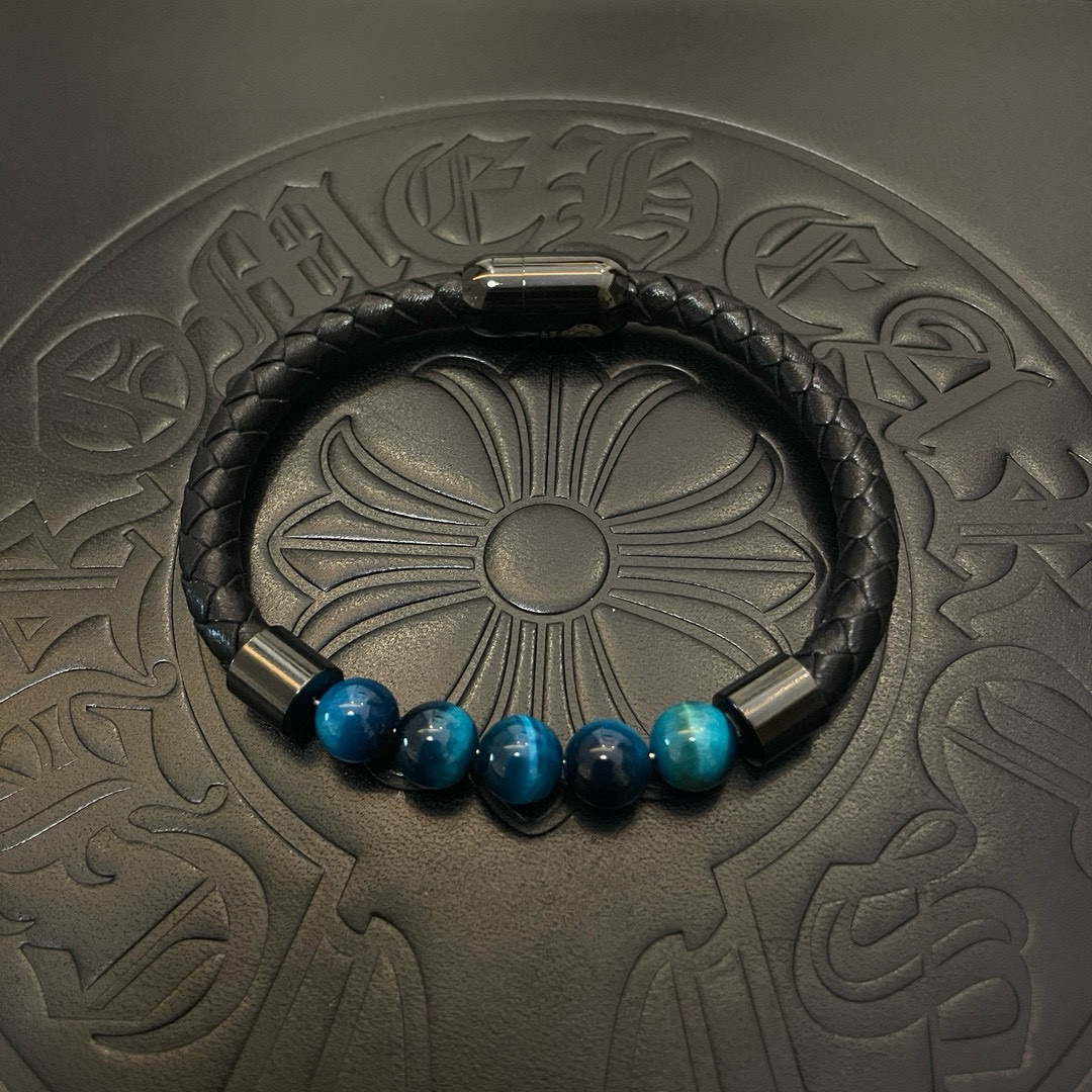 批 新款【专柜品质】Chrome Hearts克罗心 经典蓝虎眼珠子*复古多元素手镯 凹凸造型不同的花纹