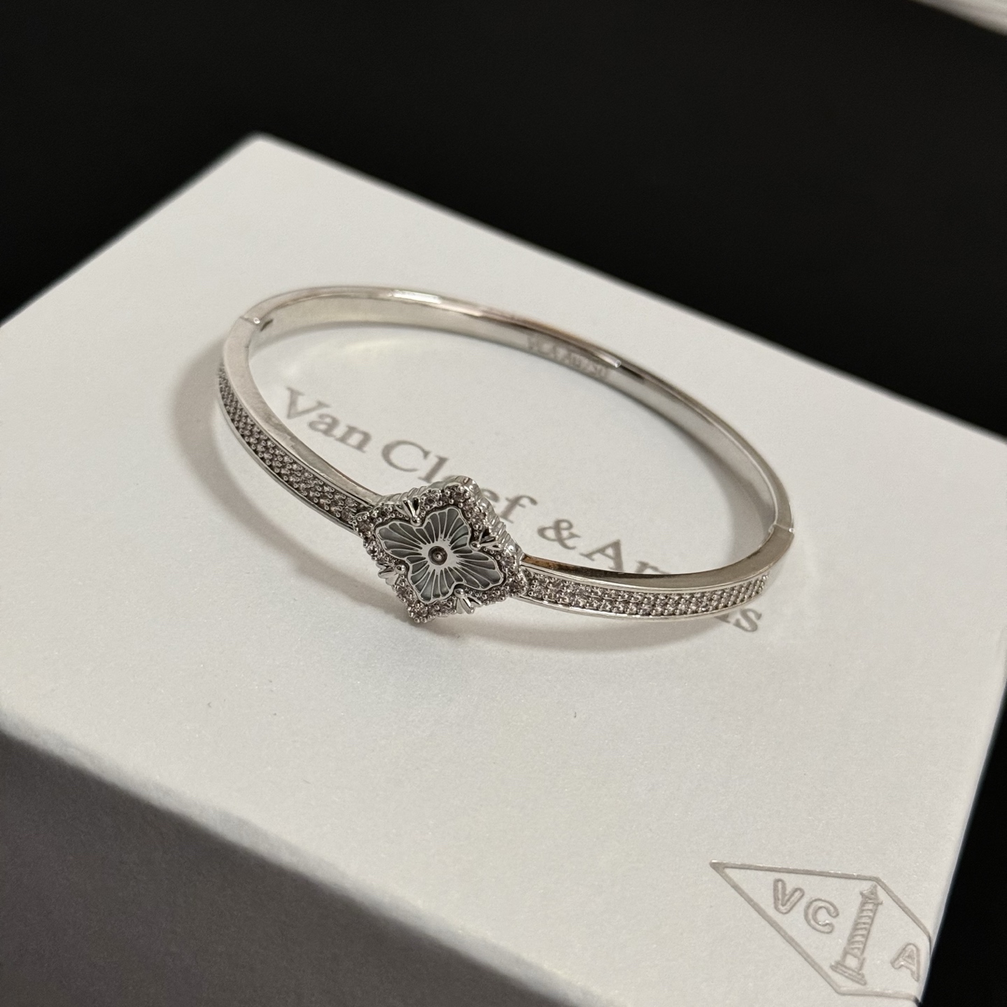 Van Cleef Arpels Alhambra bracelet silver-toned metal with clear diamond accents and rhodium-finished floral motif 17cm