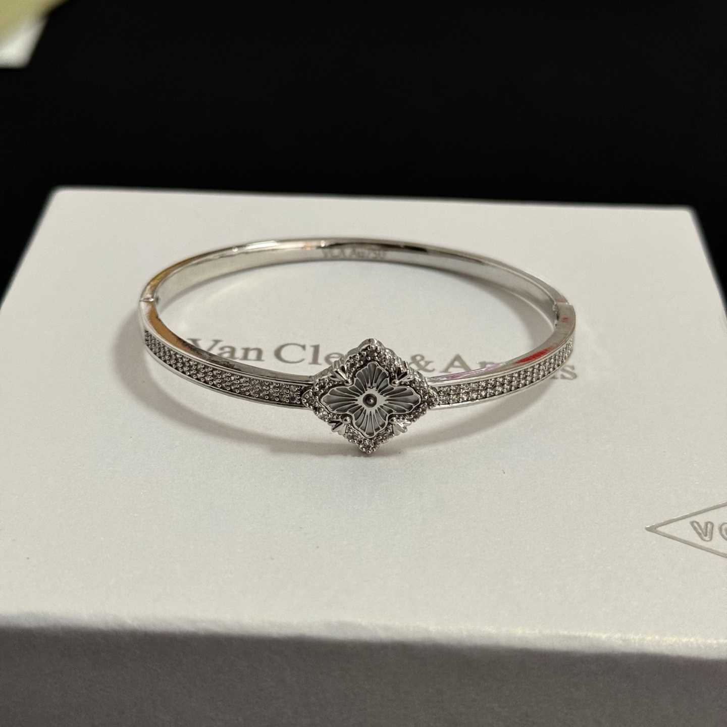 Van Cleef Arpels Alhambra bracelet silver-toned metal with clear diamond accents and rhodium-finished floral motif 17cm